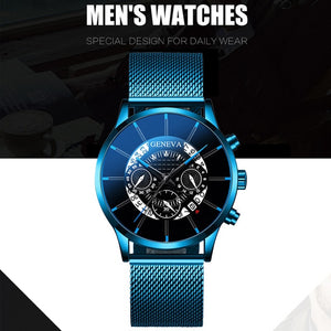 Luxury Men's Fashion Business Calendar Watches Blue Stainless Steel Mesh Belt Analog Quartz Watch relogio masculino