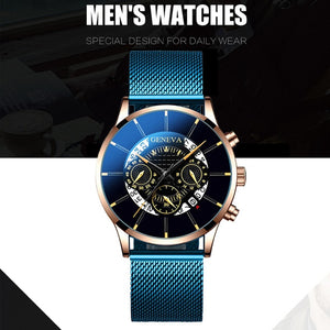 Luxury Men's Fashion Business Calendar Watches Blue Stainless Steel Mesh Belt Analog Quartz Watch relogio masculino