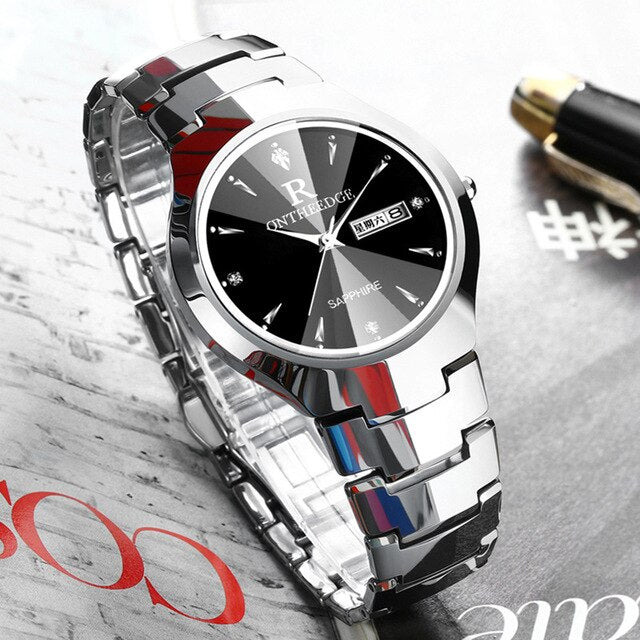 ONTHEEDGE Brand luxury Premium Tungsten Steel Round Dial Men Quartz Watch Couple Stainless Steel Band Business Mens watches Gift