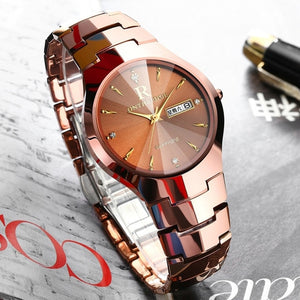 ONTHEEDGE Brand luxury Premium Tungsten Steel Round Dial Men Quartz Watch Couple Stainless Steel Band Business Mens watches Gift
