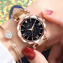 Load image into Gallery viewer, Women Watch Fashion Leather Band Ladies Quartz Wrist Watch Starry Sky Round Dial Roman Number Rhinestone Leather Band Watch