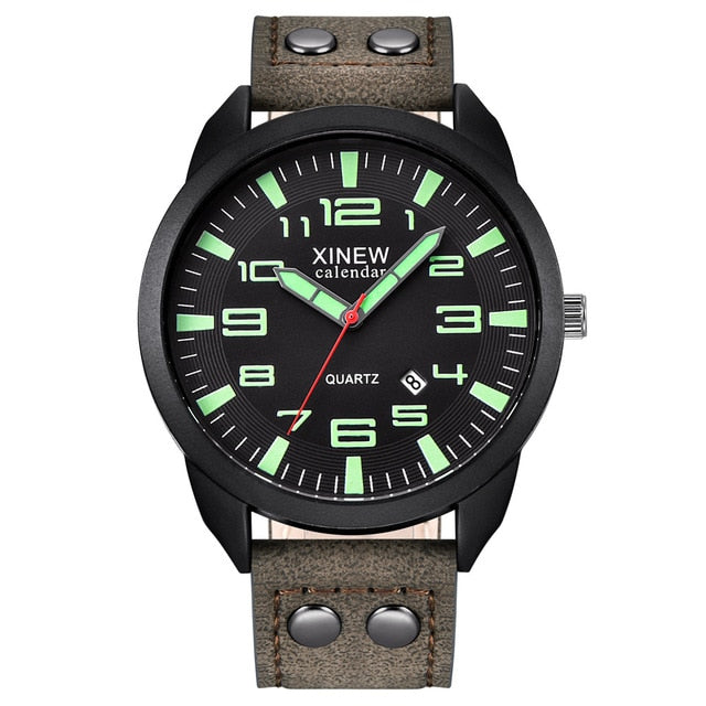 XINEW Watch Men Leather Strap Simple Calendar Luminous Dial Outdoor Men's Quartz Watch Men's Quartz Watch Relogio Masculino