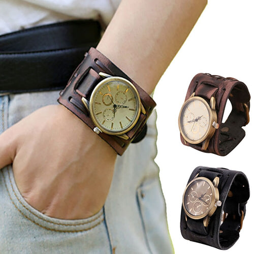 2016 Men Fashion Belt Watch Quartz Watch New Style Retro Punk Rock Brown Big Wide pu Leather Bracelet Cuff Men Watch Cool