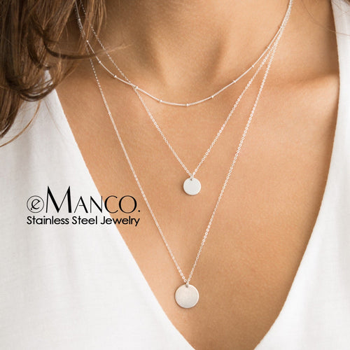 e-Manco long layered necklace women charm pendant necklace for women silver color chain stainless steel necklace