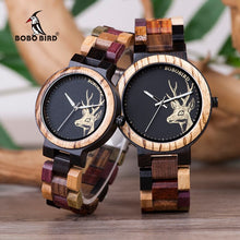 Load image into Gallery viewer, BOBO BIRD Couple Wooden Watches Men Women Quartz Lover&#39;s Wrist watch Ladies Elk Deer Quartz Wrist Watch gift erkek kol saati